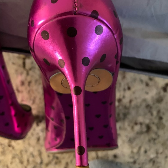 Designer Sofia Webster Luella Pink Metallic Foil Hearts Stiletto Heels SZ 39 - Picture 2 of 8